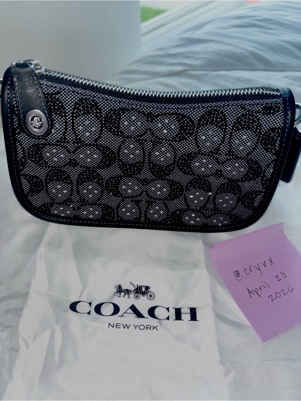 Coach Black Crystal Swinger 20 in Signature Jacquard Handbag